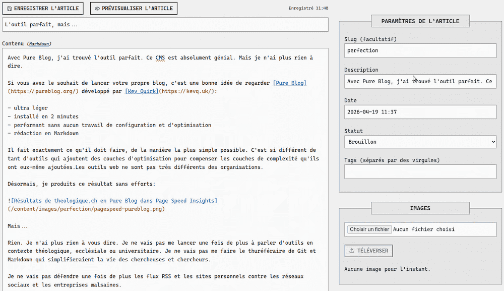Interface de rédaction de ce billet dans Pure Blog
