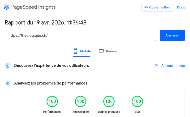 Résultats de theologique.ch en Pure Blog dans Page Speed Insights